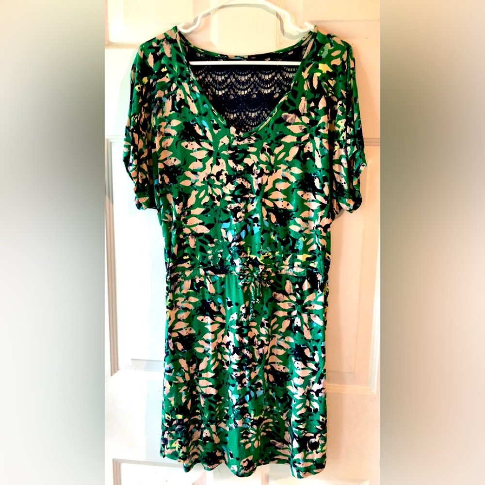 Mudd Green Pink Navy Blue Abstract Tropical Floral Crochet Detail Dress Sz Large